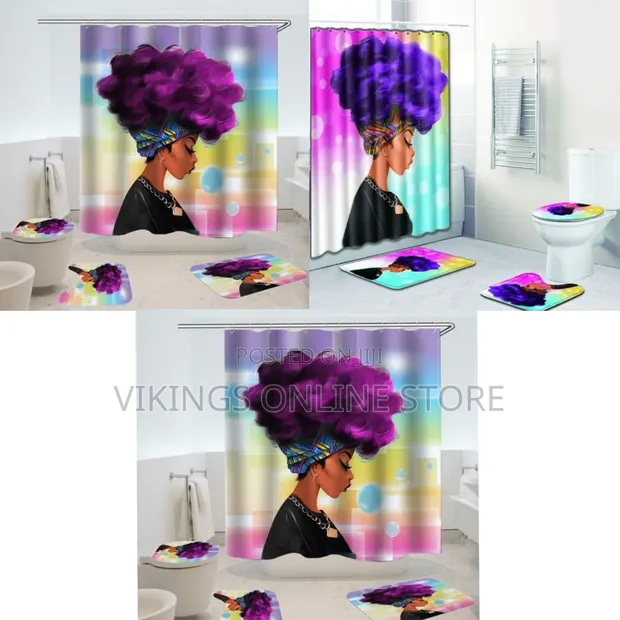 4 Piece Waterproof Shower Curtain Set with Toilet Cover Mats - 1