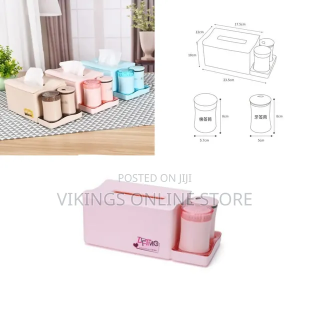 Tissue Box Holder with Cotton Swab & Toothpick Compartments - Pink - 1