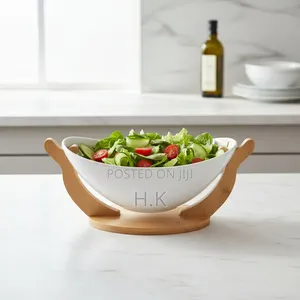 11-Inch White Ceramic Fruit Bowl with Bamboo Base