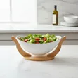 11-Inch White Ceramic Fruit Bowl with Bamboo Base - 1