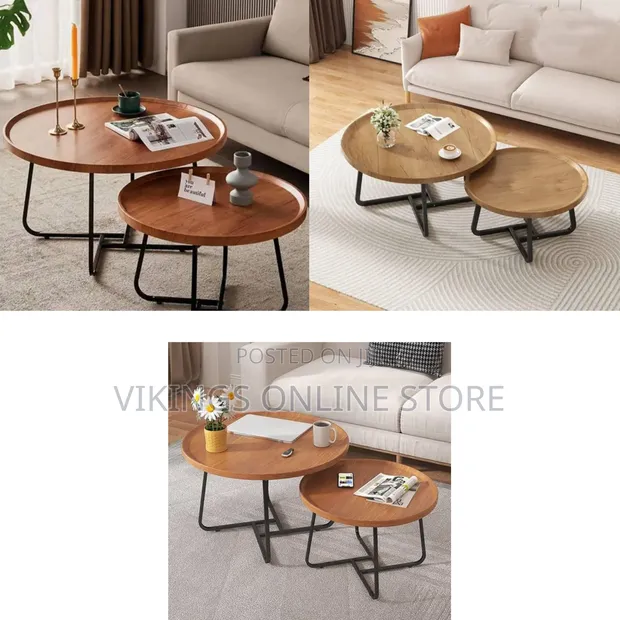 Industrial Rustic Wood Coffee Table Set of 2 Nesting Round End Tables - 1