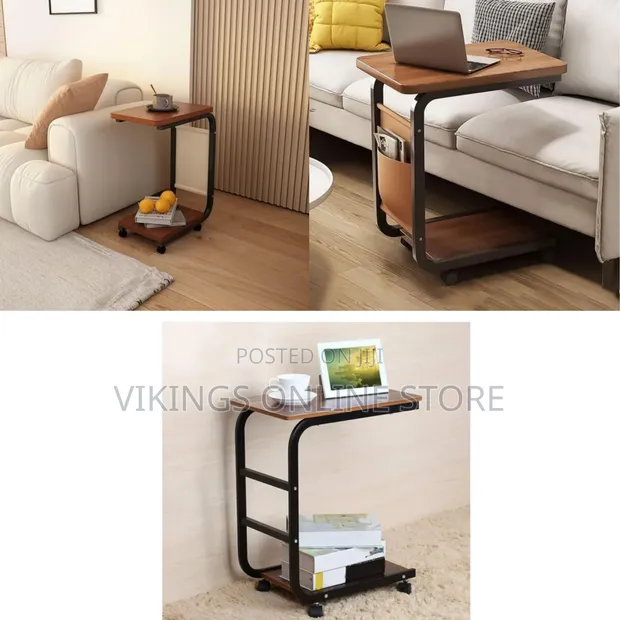 C-Shaped Rolling Coffee Table with Storage Basket - 1