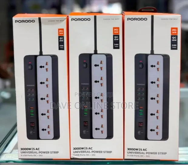 Porodo 3000W Universal Power Strip with 5 AC Outlets & Digital Timer - 1