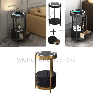 Gold Smart LED Nightstand with Drawers, 14in Round Accent Table