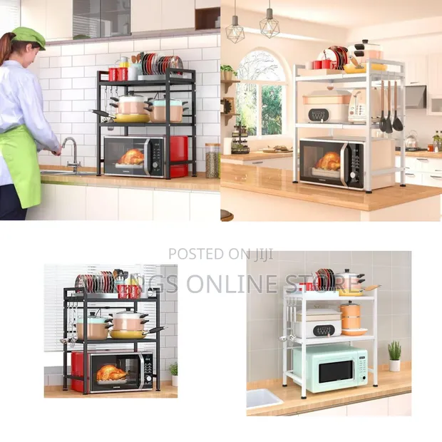 Microwave Oven Rack, Adjustable 3-Tier Shelf Organizer with Hooks - 1