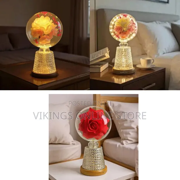 Lamp with Preserved Rose in Resin Ball Glass Dome - 1