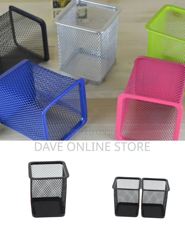 Metal Pen Pot - Square Mesh Pencil Holder Organizer (Black) - 1