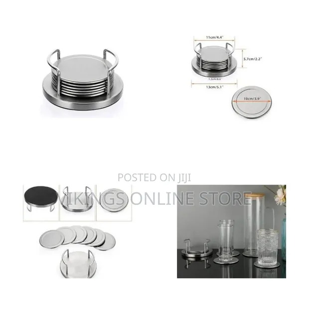 Set of 6 Stainless Steel Round Coasters with Holder - 1