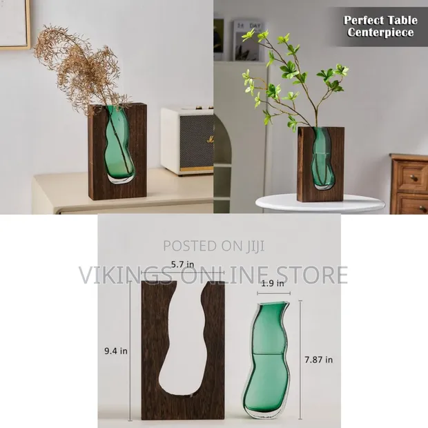 Green Glass Vase with Wood Frame - Modern Farmhouse Bohemian - 1