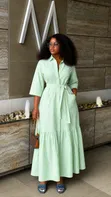 Striped Shirt-Style Maxi Dress with Pockets - 1