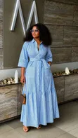 Striped Shirt-Style Maxi Dress with Pockets - 3