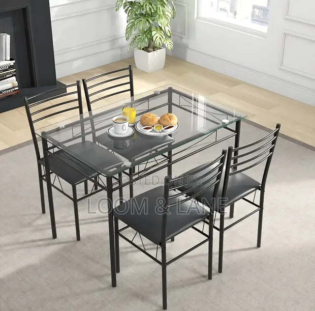 5-Piece Rectangular Tempered Glass Dining Set with Metallic Chairs - 1