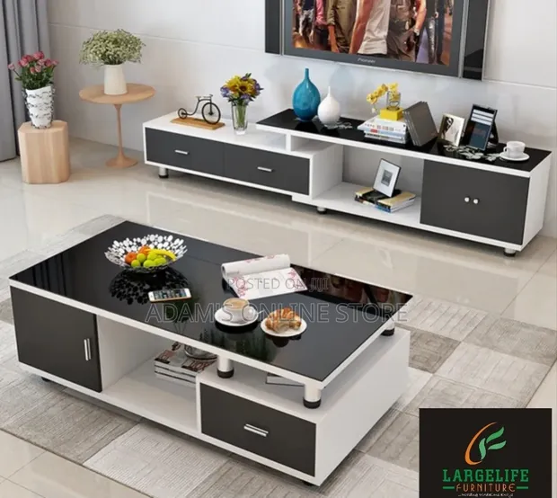 Black Glass Center Table with Drawers & White TV Stand - 1