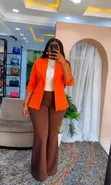Ladies Orange Blazer with Brown Wide-Leg Pants - 2