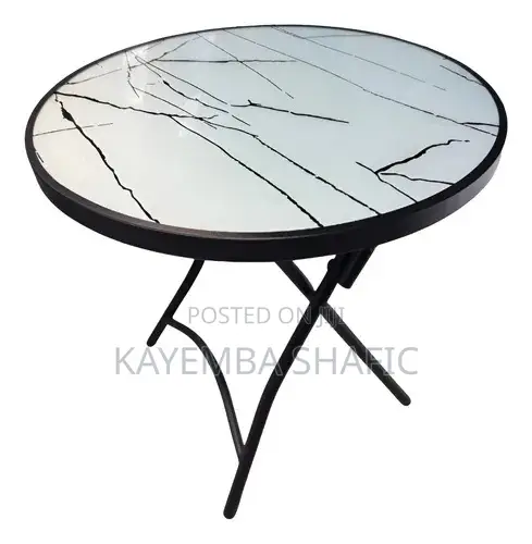 Brand New Foldable Round Glass Bistro Dining Table - White Marble - 1