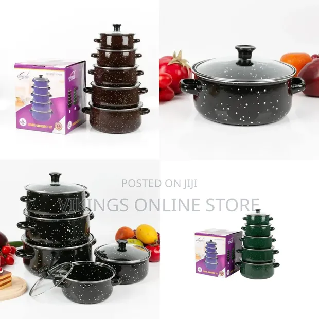 Set of 5 Enamel Casserole Cookware Pots with Lids - 1