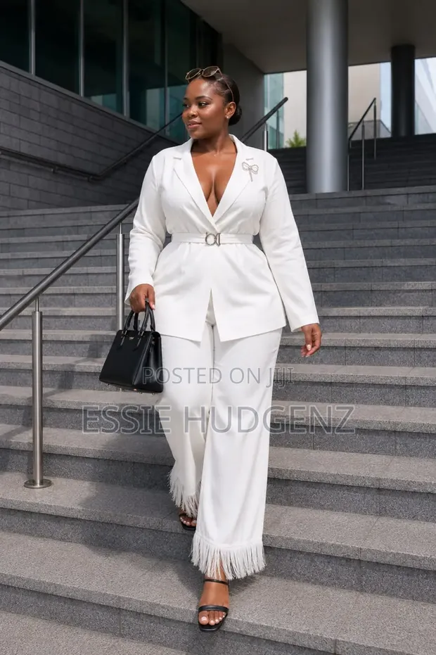 Belted Pantsuit with Fringe Detail - White - 1