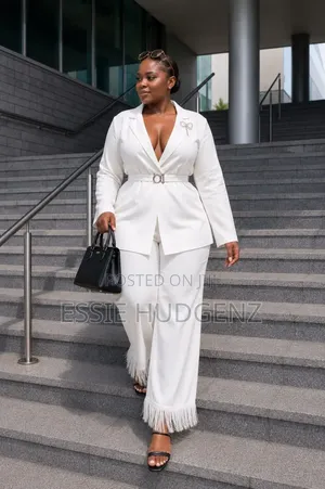 Belted Pantsuit with Fringe Detail - White