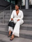Belted Pantsuit with Fringe Detail - White - 2