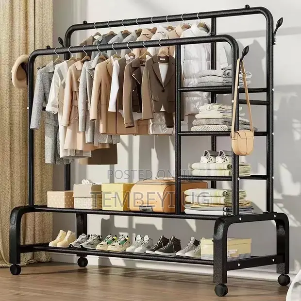 Heavy-Duty Double Rail Clothes Rack with Wheels - 1
