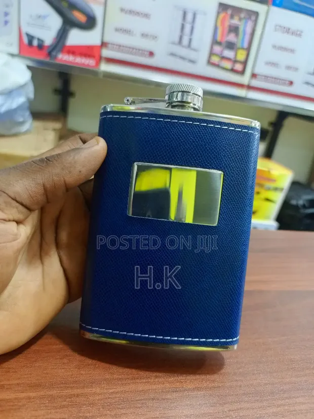 Stainless Steel Hip Flask with Blue Faux Leather Wrap - 1