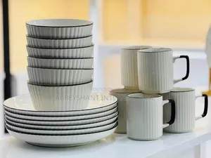 Ribbed Cream Ceramic Dinner Set with Black Trim