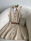 Round Button Dress with Belt - 1