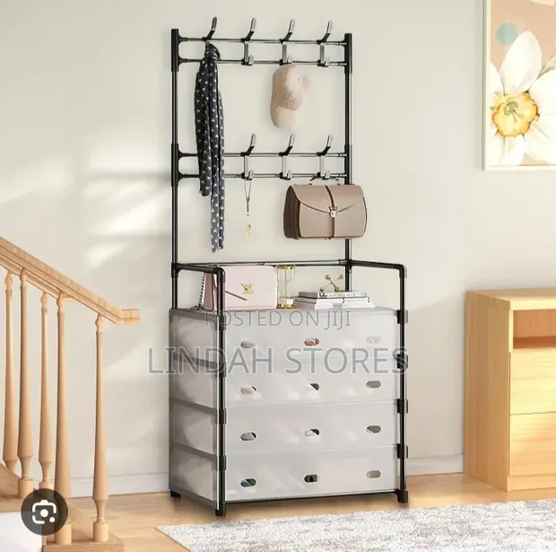 4-Tier Shoe Rack with Coat Hanger & Dustproof Cover - 1