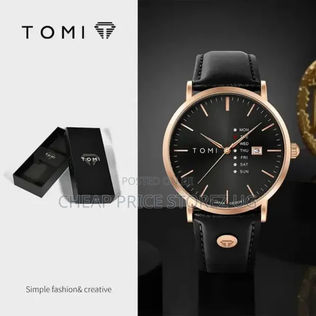 TOMI T-019 Men's Quartz Watch - Black Dial, Gold-Tone Accents - 1