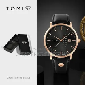 TOMI T-019 Men's Quartz Watch - Black Dial, Gold-Tone Accents