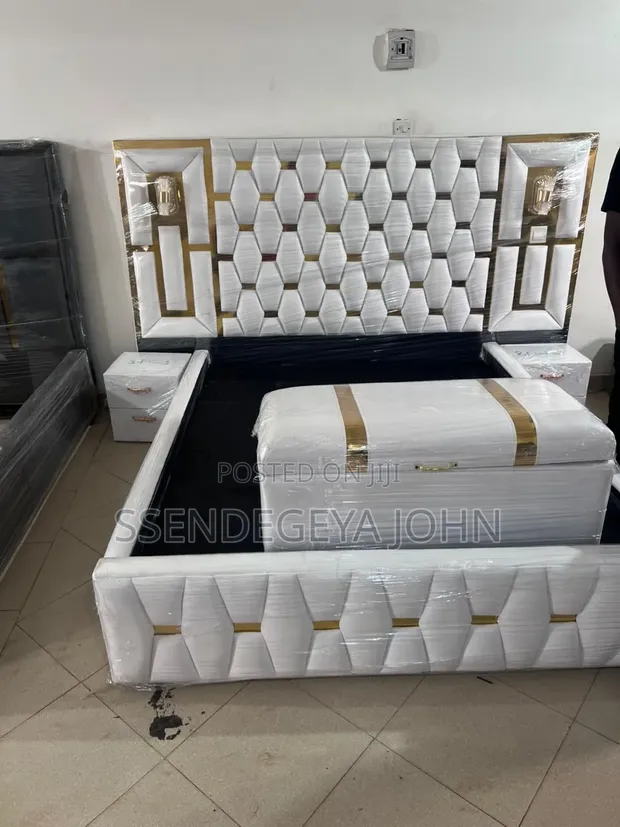 Modern Cream Upholstered Bed Set with Gold Accents - 1