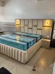 Modern Cream Upholstered Bed Set with Gold Accents - 3