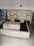 Modern Cream Upholstered Bed Set with Gold Accents - 4