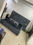 Modern Cream Upholstered Bed Set with Gold Accents - 5