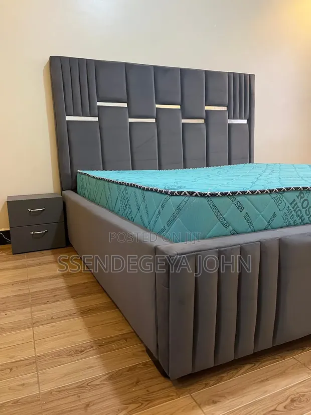 Modern Upholstered Bed - Grey with Silver Accents - 1