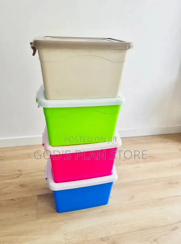 Plastic Storage Boxes - Beige, Green, Blue, Pink - 1