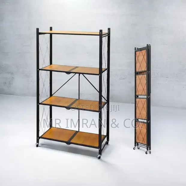 4-Tier Foldable Metal Storage Rack with Wooden Shelves - 1