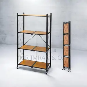 4-Tier Foldable Metal Storage Rack with Wooden Shelves