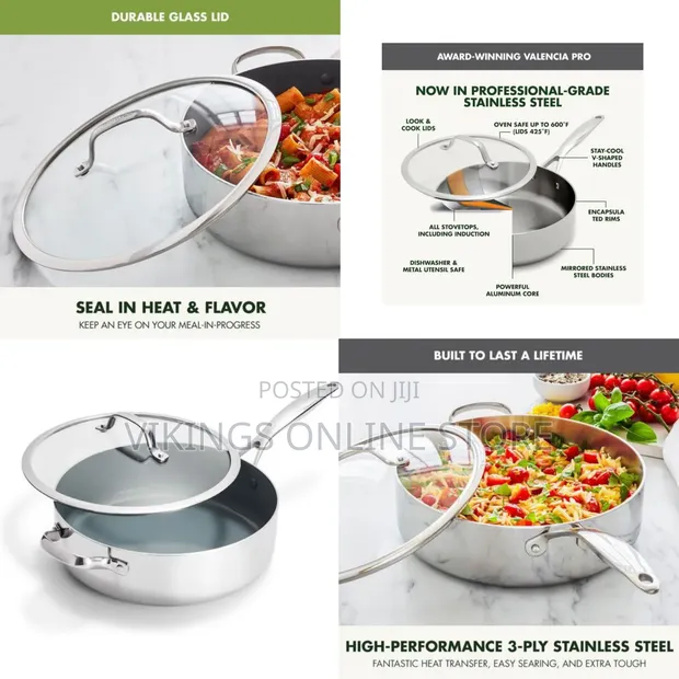28cm Tri-Ply Stainless Steel 5QT Saute Pan with Lid - 1
