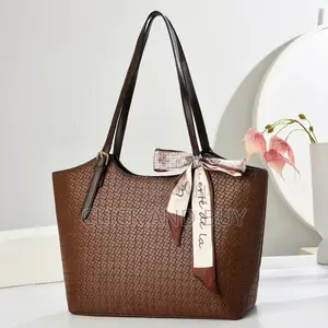 Elegant Textured Brown Tote Bag with Silk Scarf
