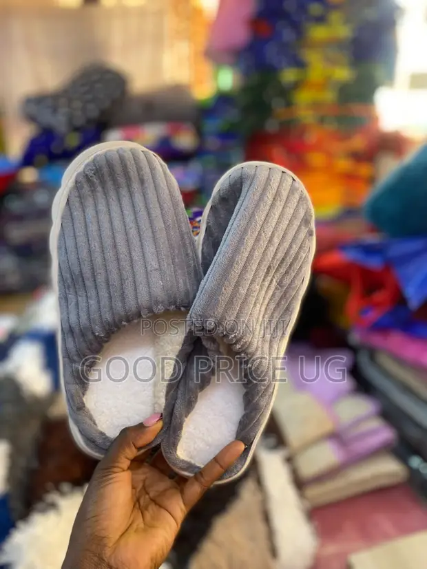 Grey Corduroy Plush House Slippers - 1