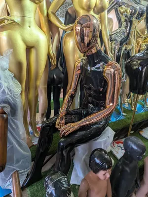 Seated Male Display Mannequin - Glossy Black with Rose Gold Accents