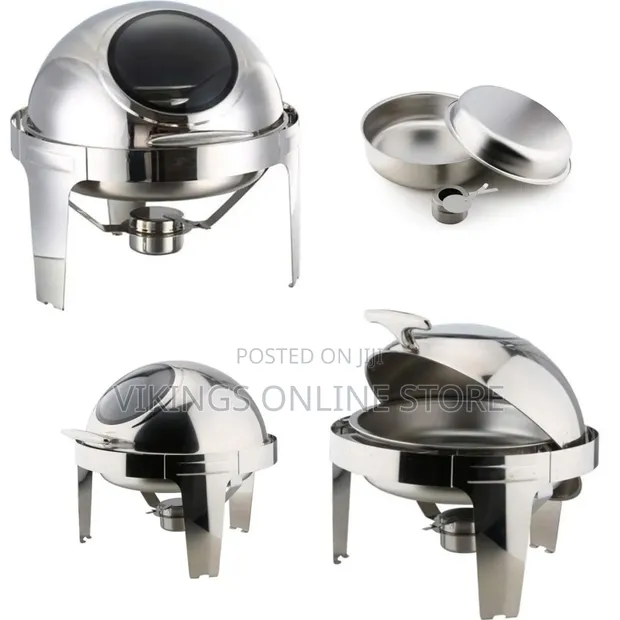 6.6L Round Roll Top Stainless Steel Chafing Dish with Glass Window - 1
