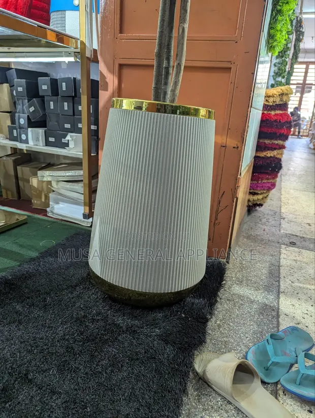 Ribbed White and Gold-Rimmed Decorative Planter - 1