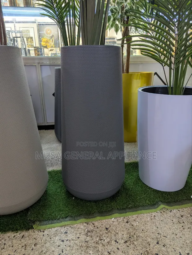 Large Textured Grey Cylindrical Planter Pots - 1