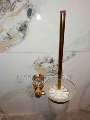 Gold-Finished Wall-Mounted Toilet Brush with Frosted Glass Holder