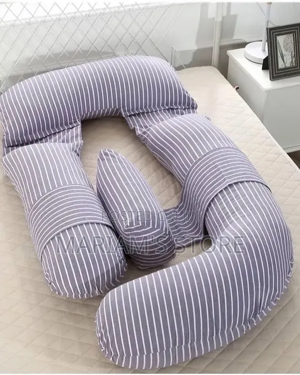 G-Type Cotton Pregnancy Pillow - Grey & White Stripes - 1