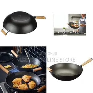 32cm Non-Stick Wok Stir-Fry Pan with Wooden Handle - Black