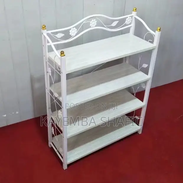 4-Tier Wooden Shoe Rack with Decorative Floral Metal Frame - 1