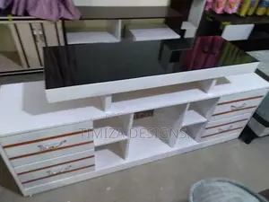 White TV Stand with 4 Drawers & Black Glass Top